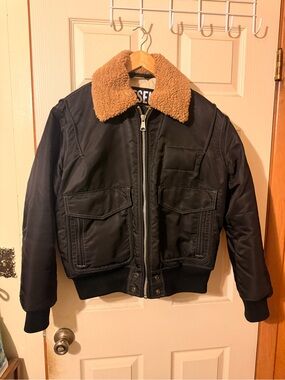 Diesel Black Bomber Jacket with Tan Sherpa Collar